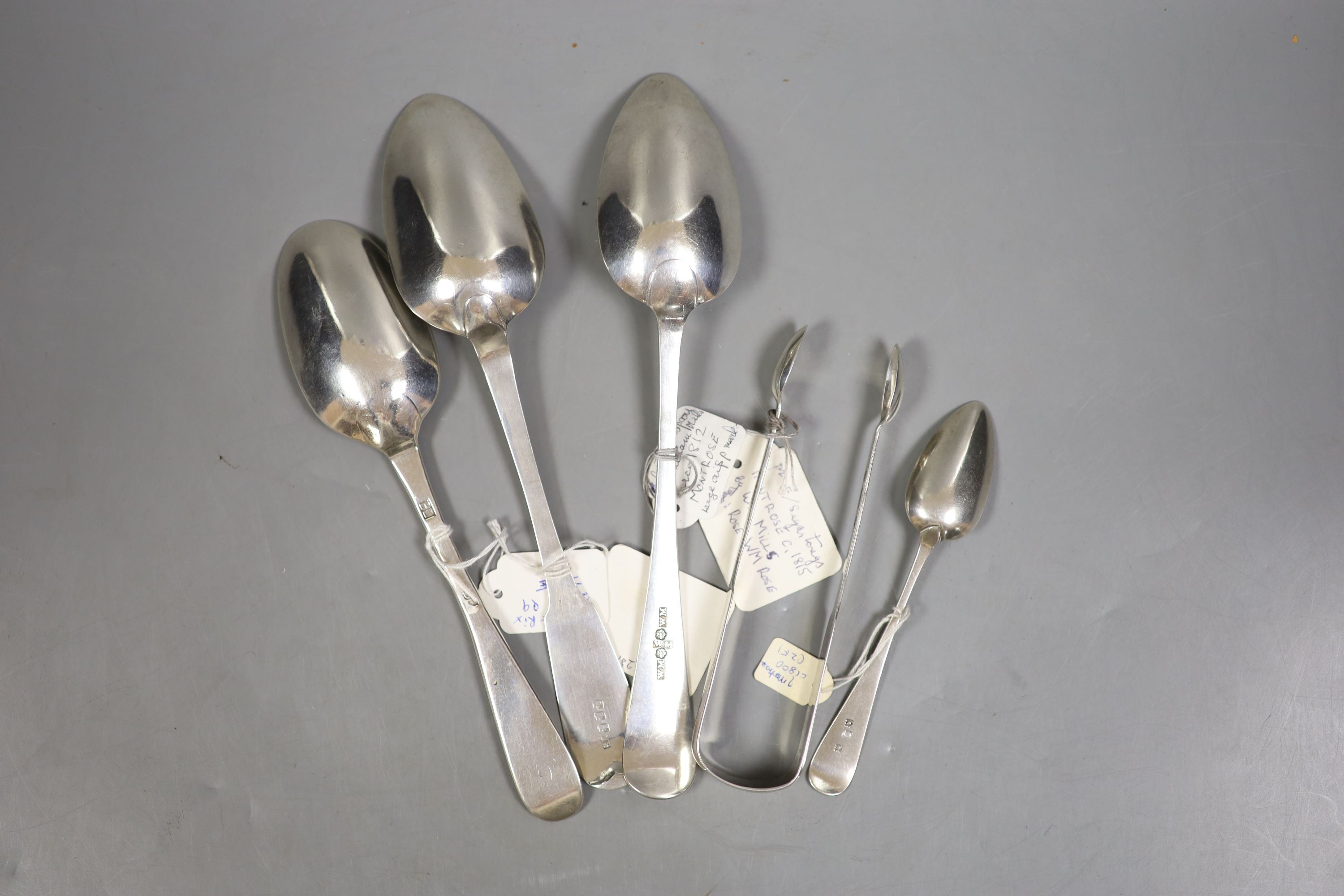 Two 19th century Scottish provincial Montrose tablespoons, James Sturrock (fiddle pattern), c.1860 and William Mill, c.1812, a pair of sugar tongs by the latter, a teaspoon by John Glenny? and a late 18th century Hanovar